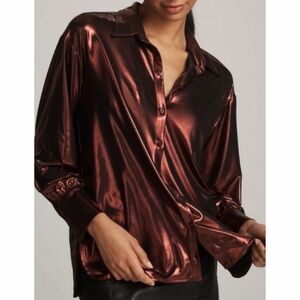 ANTHROPOLOGIE Metallic Shine Button Down Shirt Burgundy Blouse Shimmering Top